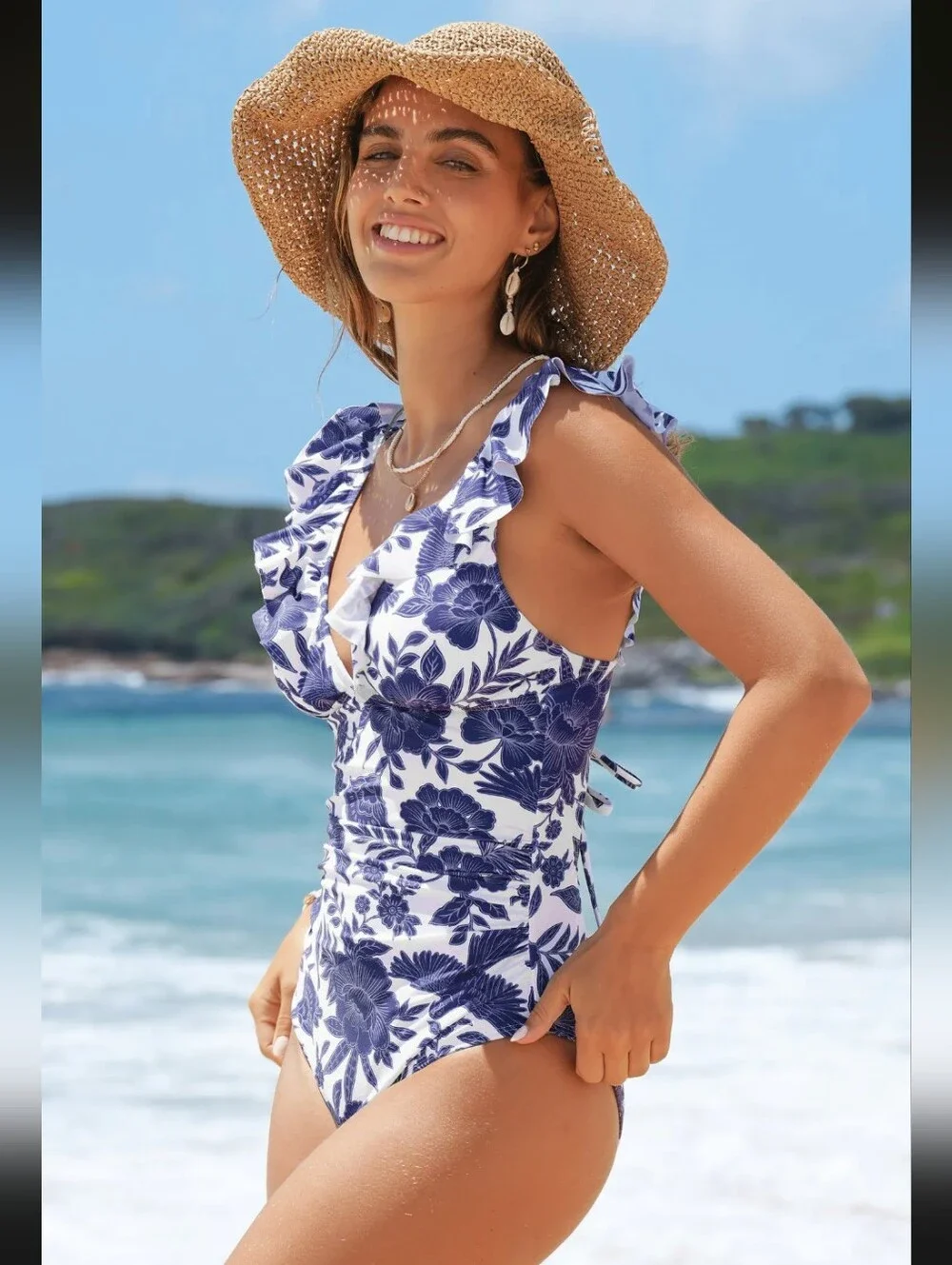 Cupshe Sweet Florals Ruffled Lace-Up Tummy Control One-Piece- L